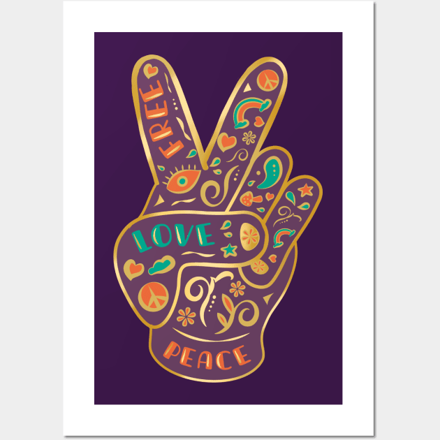 Golden Free Love Vintage Mystic Icon Peace Hand Sign Wall Art by LittleBunnySunshine